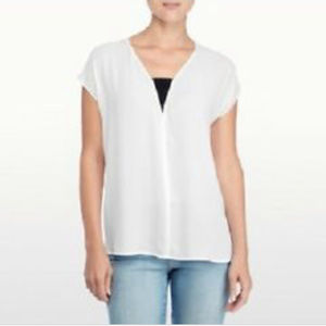 NYDJ Optic White Black Mesh V Neck Blouse